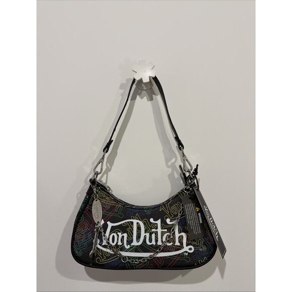 NWT Von Dutch Shoulder Bag Denim One Size Chain Y2K Inspired Chic Streetwear - Picture 2 of 6